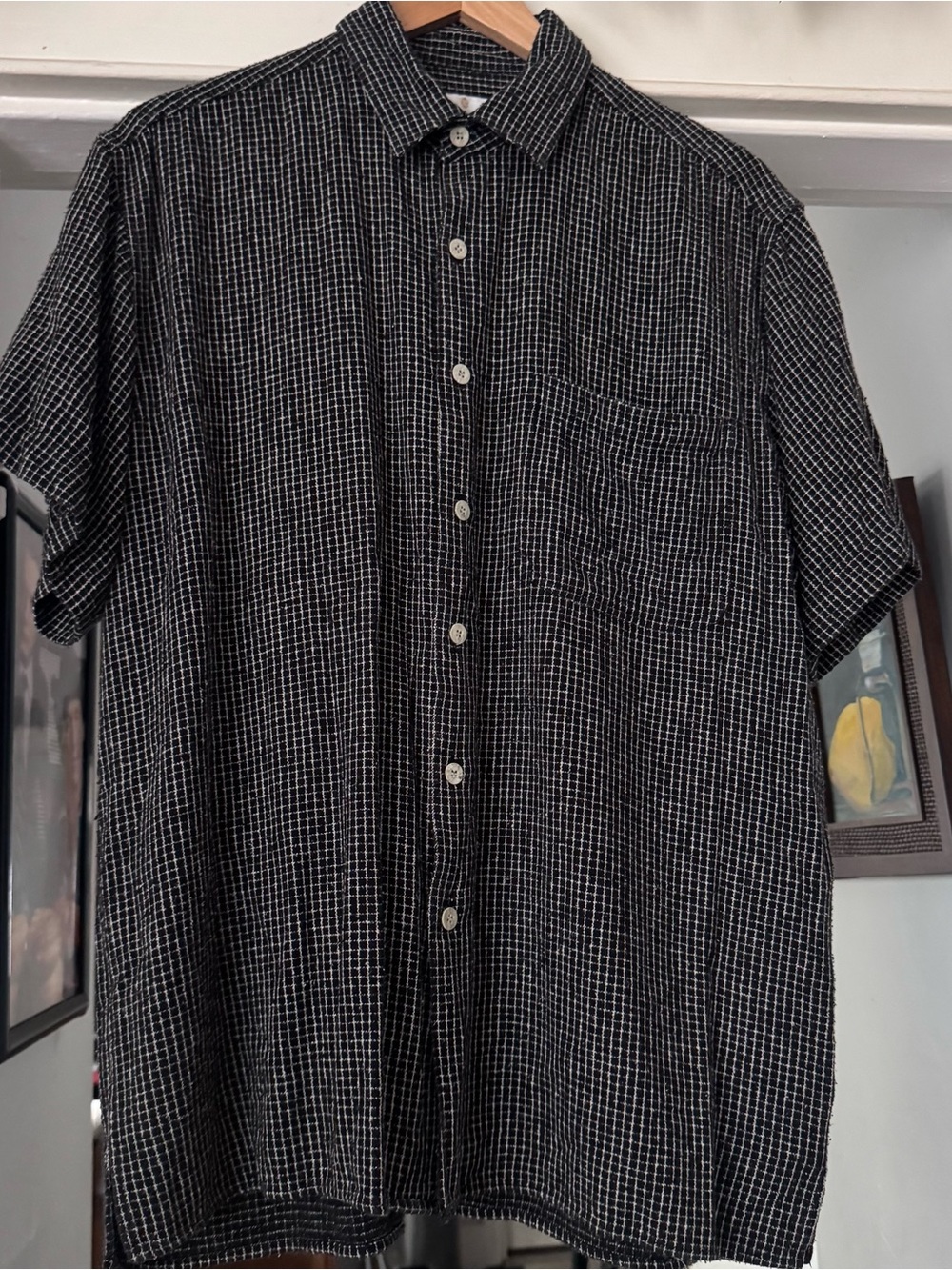 Vintage Bill Blass Short Sleeve Shirt Size L black white plaid silk top button